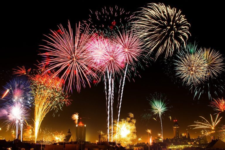 fireworks against a city backdrop