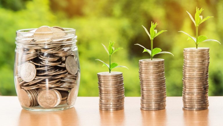 stacks of coins with plant roots growing out the top